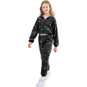imageLOLANTA 2Pcs Girls Dance Outfits Cropped Sequin Jacket Pants Set Kids Hip Hop Dance Costumes for 80s 90s Party 515 YearsBlack