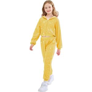 imageLOLANTA 2Pcs Girls Dance Outfits Cropped Sequin Jacket Pants Set Kids Hip Hop Dance Costumes for 80s 90s Party 515 YearsGolden