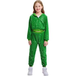 imageLOLANTA 2Pcs Girls Dance Outfits Cropped Sequin Jacket Pants Set Kids Hip Hop Dance Costumes for 80s 90s Party 515 YearsGreen