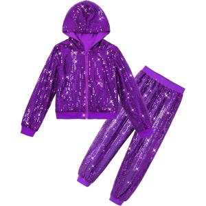 imageLOLANTA 2Pcs Girls Dance Outfits Cropped Sequin Jacket Pants Set Kids Hip Hop Dance Costumes for 80s 90s Party 515 YearsPurple