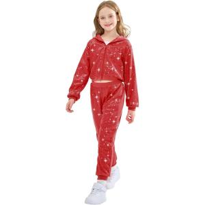imageLOLANTA 2Pcs Girls Dance Outfits Cropped Sequin Jacket Pants Set Kids Hip Hop Dance Costumes for 80s 90s Party 515 YearsRed