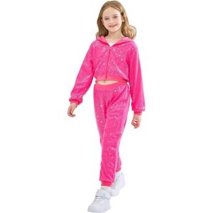 imageLOLANTA 2Pcs Girls Dance Outfits Cropped Sequin Jacket Pants Set Kids Hip Hop Dance Costumes for 80s 90s Party 515 YearsRosered
