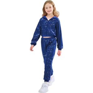 imageLOLANTA 2Pcs Girls Dance Outfits Cropped Sequin Jacket Pants Set Kids Hip Hop Dance Costumes for 80s 90s Party 515 YearsRoyalblue