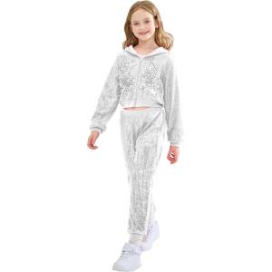 imageLOLANTA 2Pcs Girls Dance Outfits Cropped Sequin Jacket Pants Set Kids Hip Hop Dance Costumes for 80s 90s Party 515 YearsSilver