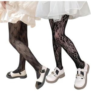 imageLOLANTA Girls Lace Tights Kids Sheer Patterned Fishnet Stockings 2 Pack Hollow Dance PantyhoseBlack Bow Black Flower