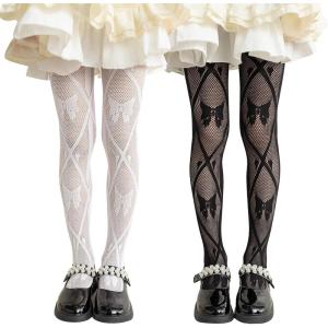 imageLOLANTA Girls Lace Tights Kids Sheer Patterned Fishnet Stockings 2 Pack Hollow Dance PantyhoseBlack Bow White Bow