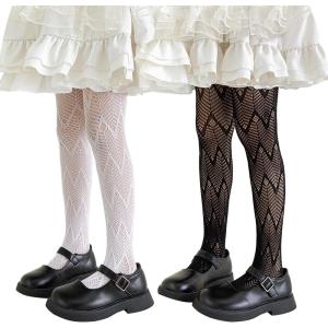 imageLOLANTA Girls Lace Tights Kids Sheer Patterned Fishnet Stockings 2 Pack Hollow Dance PantyhoseBlack Wave White Wave