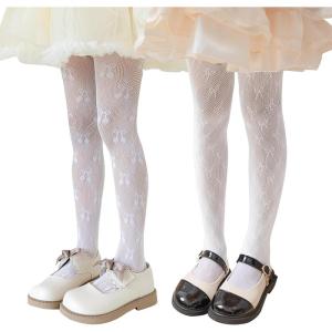 imageLOLANTA Girls Lace Tights Kids Sheer Patterned Fishnet Stockings 2 Pack Hollow Dance PantyhoseWhite Bowwhite Cherry