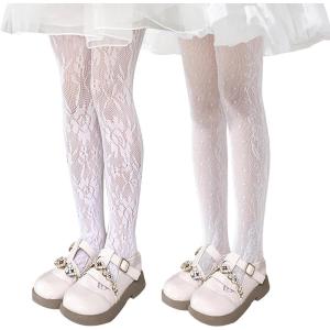 imageLOLANTA Girls Lace Tights Kids Sheer Patterned Fishnet Stockings 2 Pack Hollow Dance PantyhoseWhite Flower White Polkadot
