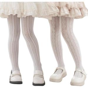 imageLOLANTA Girls Lace Tights Kids Sheer Patterned Fishnet Stockings 2 Pack Hollow Dance PantyhoseWhite Heart White Wheat