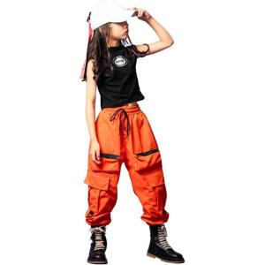 imageLOLANTA Girls Hip Hop Dance Clothes Streetwear Kids Cute Outfits Tank Cargo Pant SetsOrange