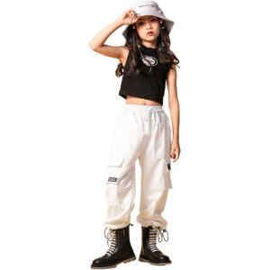 imageLOLANTA Girls Hip Hop Dance Clothes Streetwear Kids Cute Outfits Tank Cargo Pant SetsWhite
