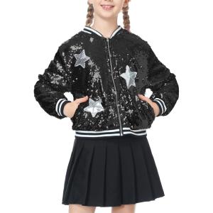 imageLOLANTA Girls Sequin Jacket Long Sleeve Kids Bomber Coats with Pockets Spring Fall Outfits for 415 YearsBlack