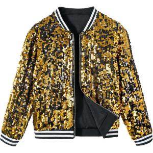 imageLOLANTA Girls Sequin Jacket Long Sleeve Kids Bomber Coats with Pockets Spring Fall Outfits for 415 YearsFlipblack to Gold