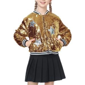 imageLOLANTA Girls Sequin Jacket Long Sleeve Kids Bomber Coats with Pockets Spring Fall Outfits for 415 YearsGold
