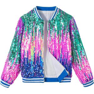 imageLOLANTA Girls Sequin Jacket Long Sleeve Kids Bomber Coats with Pockets Spring Fall Outfits for 415 YearsOmbrebluepink