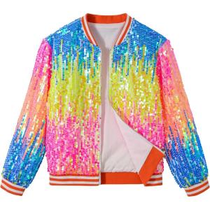 imageLOLANTA Girls Sequin Jacket Long Sleeve Kids Bomber Coats with Pockets Spring Fall Outfits for 415 YearsOmbreorangepink