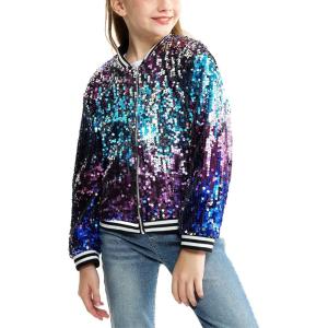 imageLOLANTA Girls Sequin Jacket Long Sleeve Kids Bomber Coats with Pockets Spring Fall Outfits for 415 YearsOmbrepurpleblue