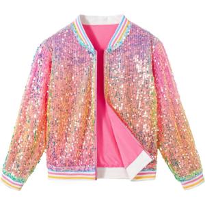 imageLOLANTA Girls Sequin Jacket Long Sleeve Kids Bomber Coats with Pockets Spring Fall Outfits for 415 YearsOmbrepurplepink