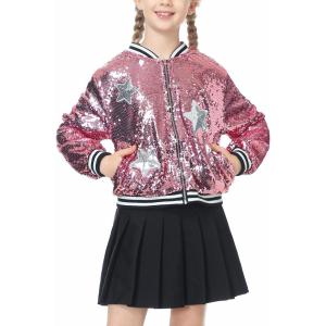 imageLOLANTA Girls Sequin Jacket Long Sleeve Kids Bomber Coats with Pockets Spring Fall Outfits for 415 YearsPink