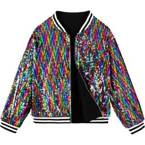 imageLOLANTA Girls Sequin Jacket Long Sleeve Kids Bomber Coats with Pockets Spring Fall Outfits for 415 YearsRainbow