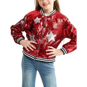 imageLOLANTA Girls Sequin Jacket Long Sleeve Kids Bomber Coats with Pockets Spring Fall Outfits for 415 YearsRed