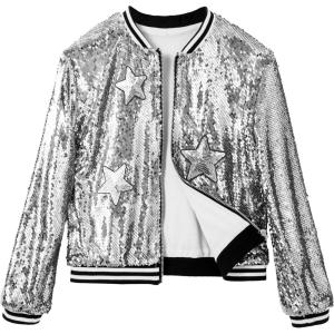 imageLOLANTA Girls Sequin Jacket Long Sleeve Kids Bomber Coats with Pockets Spring Fall Outfits for 415 YearsSilver