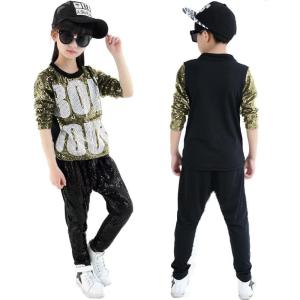 imageLOLANTA Kids Dance Costume Boys Girls Sequins Hip Hop Clothes 80s 90s Outfits Shiny Dress Up DancewearDark Gold