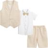 imageSummer Boys Suit Dress Clothes Kids Wedding Ring Bearer Outfit 4Pcs Shirt Vest Shorts SetKhaki
