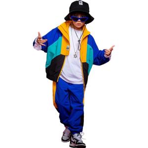 imageLOLANTA Boys Girls Color Block Jacket Track Pants Sets Hip Hop Dance Patchwork Clothes Unisex StreetwearBlueb