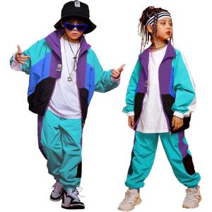 imageLOLANTA Boys Girls Color Block Jacket Track Pants Sets Hip Hop Dance Patchwork Clothes Unisex StreetwearPinegreen