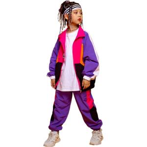imageLOLANTA Boys Girls Color Block Jacket Track Pants Sets Hip Hop Dance Patchwork Clothes Unisex StreetwearPurple