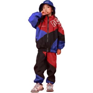 imageLOLANTA Boys Girls Color Block Jacket Track Pants Sets Hip Hop Dance Patchwork Clothes Unisex StreetwearRed