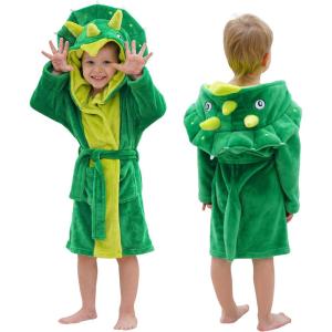 imageLOLANTA Boys Girls Hooded Flannel Bathrobes Kids Soft Sleepwear Dinosaur Dressing Gown GiftGreen