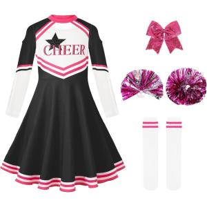 imageLOLANTA Girls Cheerleader Uniform Long Sleeve Cheerleading Dress Kids Halloween Costumes Party Outfit Christmas Gifts 513YBlack Pink