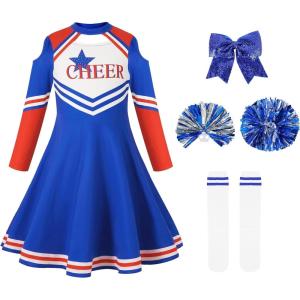imageLOLANTA Girls Cheerleader Uniform Long Sleeve Cheerleading Dress Kids Halloween Costumes Party Outfit Christmas Gifts 513YBlue