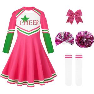 imageLOLANTA Girls Cheerleader Uniform Long Sleeve Cheerleading Dress Kids Halloween Costumes Party Outfit Christmas Gifts 513YPink
