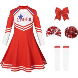 imageLOLANTA Girls Cheerleader Uniform Long Sleeve Cheerleading Dress Kids Halloween Costumes Party Outfit Christmas Gifts 513YRed