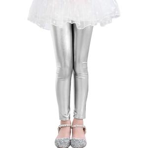 imageLOLANTA Girls Metallic Leggings Kids Stretchy Tights Ankle Length Shiny Dance PantsSilver