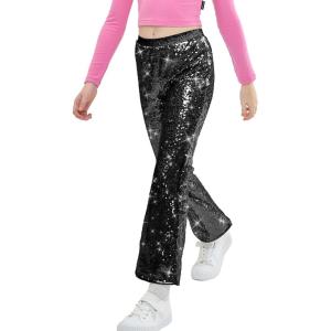 imageLOLANTA Girls Sequin Flare Pants Sparkle Bell Bottoms Kids Elastic Waist Glitter Disco Dance TrousersBlack