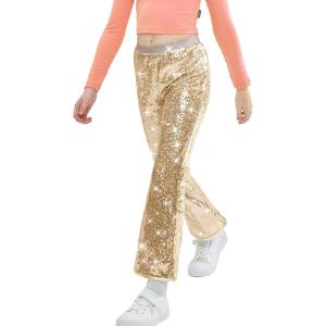 imageLOLANTA Girls Sequin Flare Pants Sparkle Bell Bottoms Kids Elastic Waist Glitter Disco Dance TrousersChampagne
