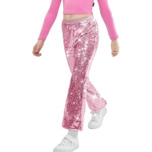 imageLOLANTA Girls Sequin Flare Pants Sparkle Bell Bottoms Kids Elastic Waist Glitter Disco Dance TrousersPink