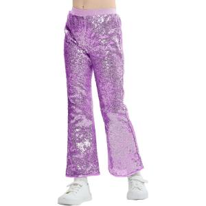 imageLOLANTA Girls Sequin Flare Pants Sparkle Bell Bottoms Kids Elastic Waist Glitter Disco Dance TrousersPurple