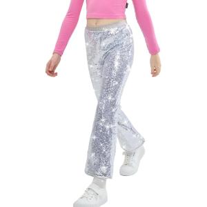 imageLOLANTA Girls Sequin Flare Pants Sparkle Bell Bottoms Kids Elastic Waist Glitter Disco Dance TrousersSilver