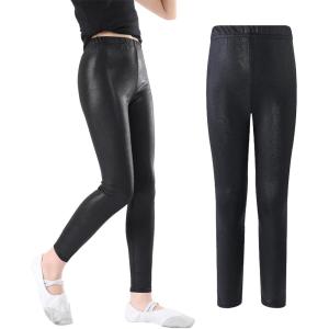 imageLOLANTA Girls Shiny Metallic Leggings Kids Stretchy Tights Ankle Length Shiny Dance PantsBlack