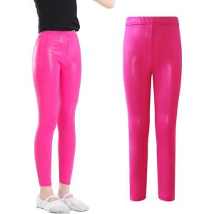 imageLOLANTA Girls Shiny Metallic Leggings Kids Stretchy Tights Ankle Length Shiny Dance PantsHot Pink