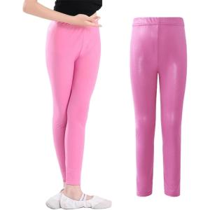 imageLOLANTA Girls Shiny Metallic Leggings Kids Stretchy Tights Ankle Length Shiny Dance PantsPink