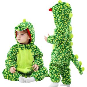imageLOLANTA Toddler Dinosaur Animal Costume Unisex Baby Kids Flannel Hooded Romper Jumpsuit Dress Up OutfitChecked Green