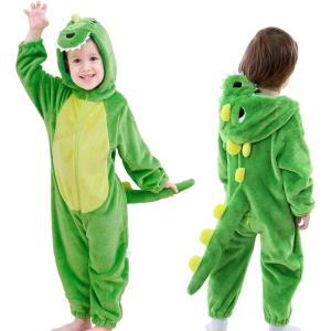 imageLOLANTA Toddler Dinosaur Animal Costume Unisex Baby Kids Flannel Hooded Romper Jumpsuit Dress Up OutfitGreendinosuar