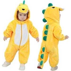 imageLOLANTA Toddler Dinosaur Animal Costume Unisex Baby Kids Flannel Hooded Romper Jumpsuit Dress Up OutfitYellow